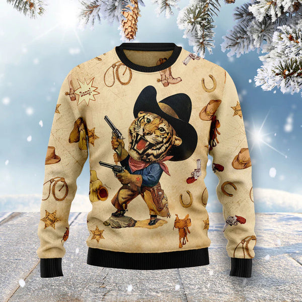 Cowboy Tiger Funny Ugly Christmas Sweater | Adult | US2625