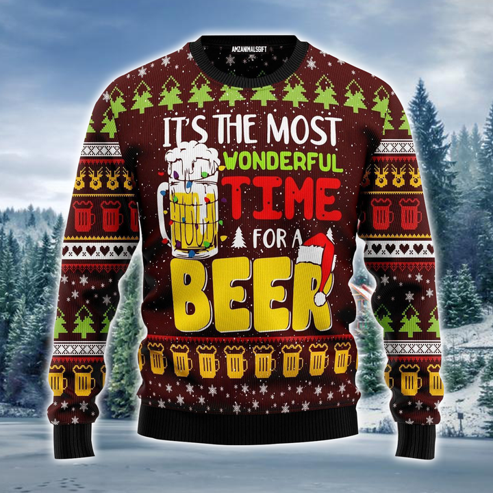 Beer Ugly Sweater, It's The Most Wonderful Time For A Beer Christmas Ugly Sweater For Men & Women, Perfect Gift For Beer Lover, Friends, Family