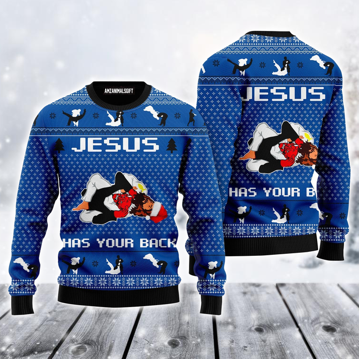 Jesus Ugly Sweater, Jesus & Satan Funny Ugly Sweater, Jesus Has Your Back Jiu Jitsu Sweater For Men & Women, Perfect Gift For Jiu Jitsu Lover, Friends, Family