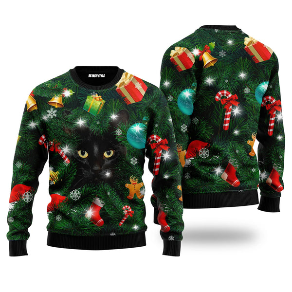 Black Cat Inside Tree Ugly Christmas Sweater | Adult | US2745