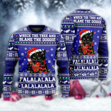 Black Cat Wreck The Tree And Blame The Doggies Ugly Christmas Sweater | Adult | US2629