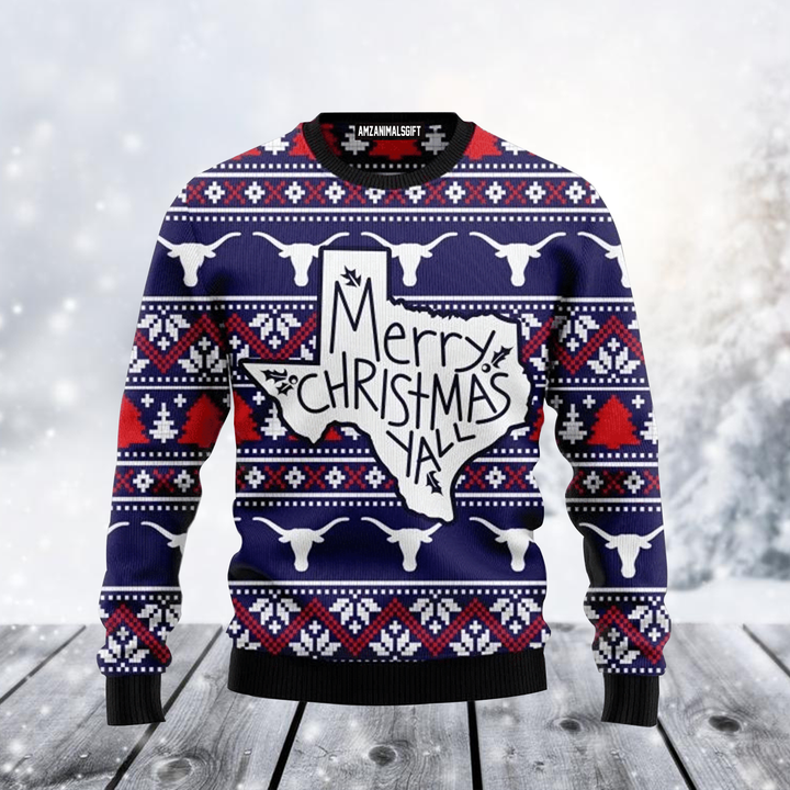 Longhorn Buffalo Christmas Ugly Sweater, Merry Christmas Yall Ugly Sweater, Navy Ugly Sweater, Perfect Gift For Christmas, Friends, Family