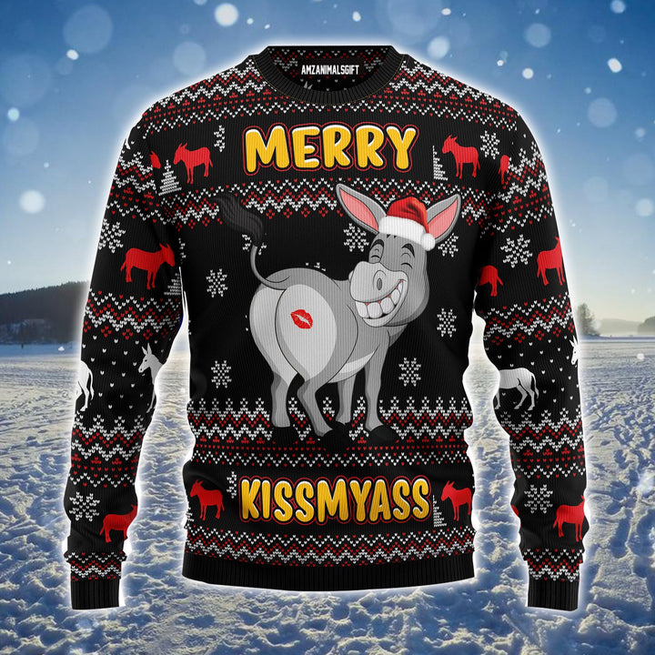 Donkeys Merry Kissmyass Ugly Christmas Sweater, Funny Christmas Ugly Sweater For Men & Women - Perfect Gift For Christmas, Friends, Family