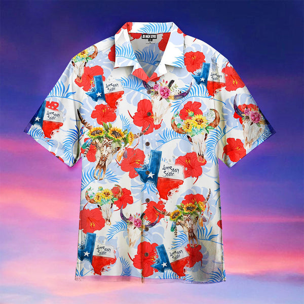 Texas Tropical Flag And Cow Skull Hawaiian Shirt | HW3455