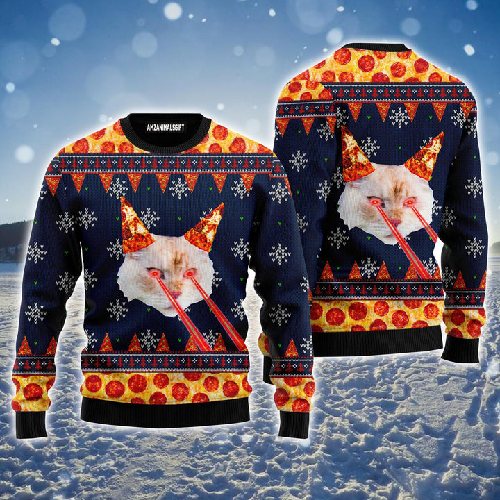 Pizza Cat With Laser Eyes Ugly Christmas Sweater, Funny Cat, Christmas Pattern Ugly Sweater For Men & Women - Perfect Gift For Christmas, Cat Lovers