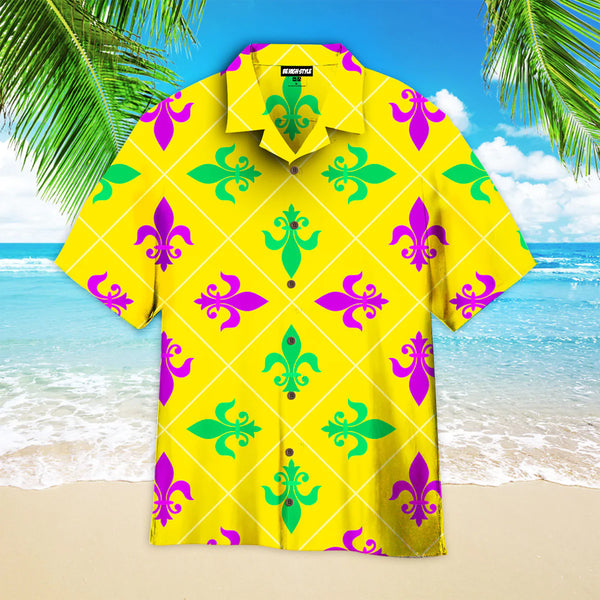 Yellow Fleur De Lis Mardi Gras Aloha Hawaiian Shirt | HW3523