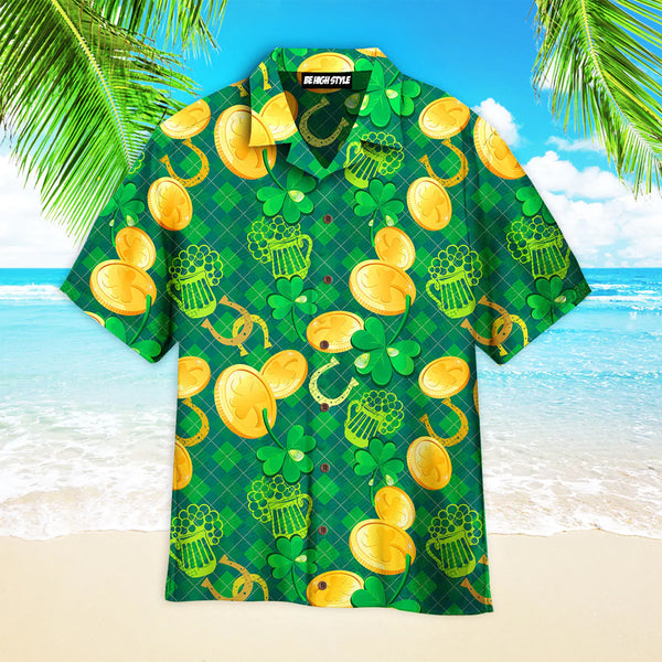 Saint Patrick Day Sham Rock And Golden Coin Pattern Aloha Hawaiian Shirt | HW3519