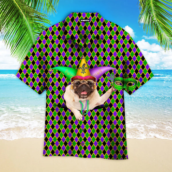 Funny Pug Dog Wears Jester Hat Mardi Gras Pattern Aloha Hawaiian Shirt | HW3533