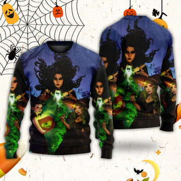 Halloween Magic Witch Ghost In The Dark Forest Art Style Ugly Christmas Sweater | Adult | US2550