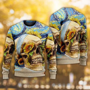 Skull And Sunflower Vintage Amazing Starry Night Ugly Christmas Sweater | Adult | US2568