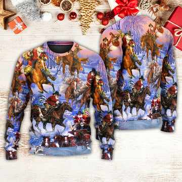 Christmas Santa And Horse Ho Ho Ho Everywhere Merry Xmas Ugly Christmas Sweater | Adult | US2544