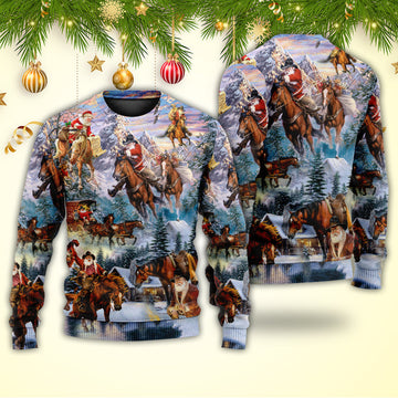 Christmas Santa Claus Riding Horse Snow Mountain Art Style Ugly Christmas Sweater | Adult | US2555