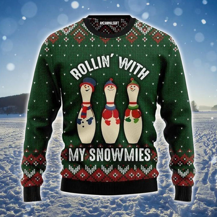 Bowling Rollin' With My Snowmies Ugly Christmas Sweater, Christmas Ugly Sweater For Men & Women - Gift For Christmas, Bowling Lovers, Bowling Players