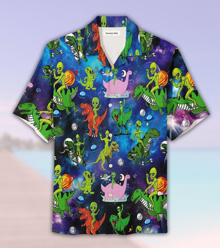 Alien Riding Dinosaur T-Rex Hawaiian Shirt | For Men & Women | HW8250-BehighStyle