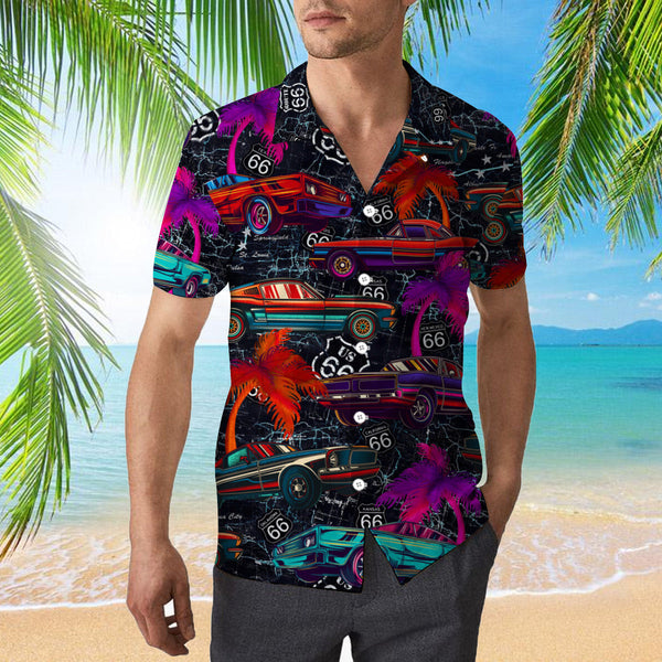 Amazing Neon Vintage Retro Muscle Car On Route 66 Hawaiian Shirt | For Men & Women | HW997-BehighStyle