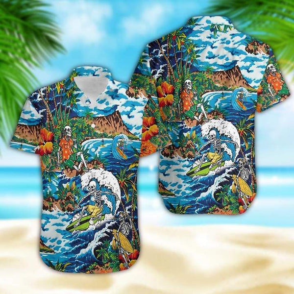 Amazing Skeleton Surfing On Tropical Island Halloween Hawaiian Shirt | HW2861