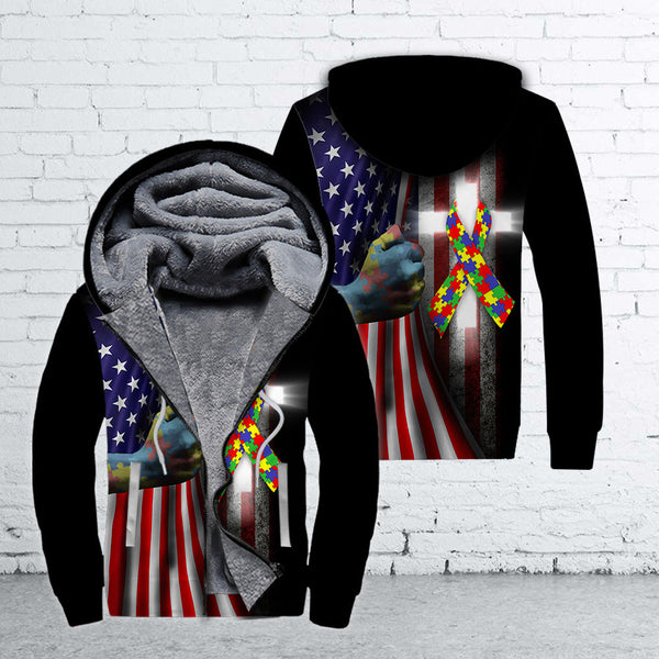 America Flag Autism Awareness Cross Cool Fleece Zip Hoodie All Over Print | FZ283