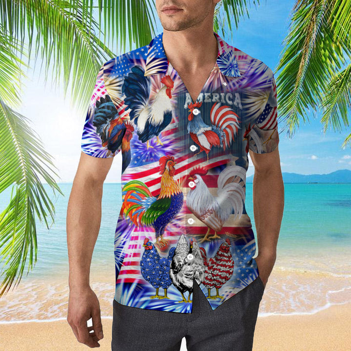 America Rooster Chicken With Fireworks Hawaiian Shirt | For Men & Women | HW1829-BehighStyle