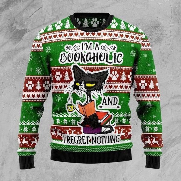 Angry Black Cat I’m A Bookaholic And I Regret Nothing Ugly Christmas Sweater | Adult | US2199