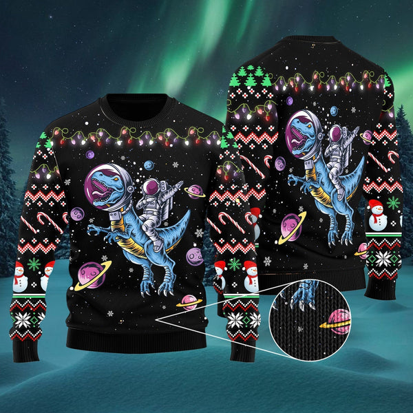 Astronauts Ride A T Rex In Space With The Planet Ugly Christmas Sweater | For Men & Women | Adult | US1540-BehighStyle