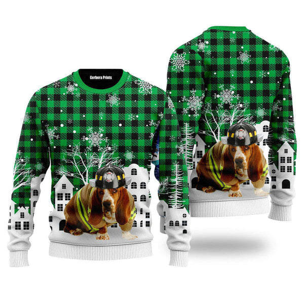 Basset Hound Costume Firefighter In Christmas City Pattern Ugly Christmas Sweater | Adult | US1984