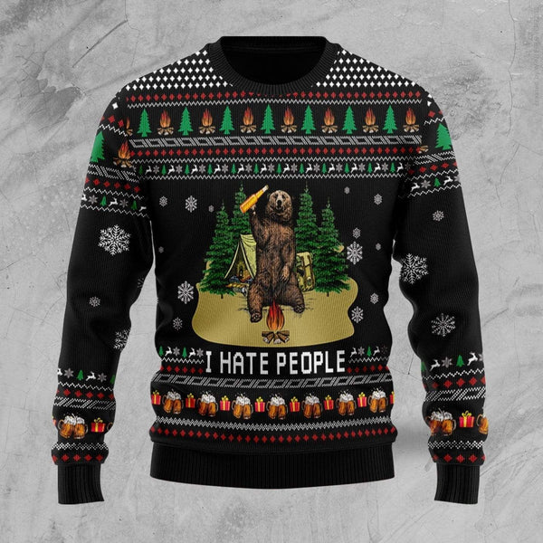 Bear Beer Camping I Hate People Ugly Christmas Sweater | Adult | US2391