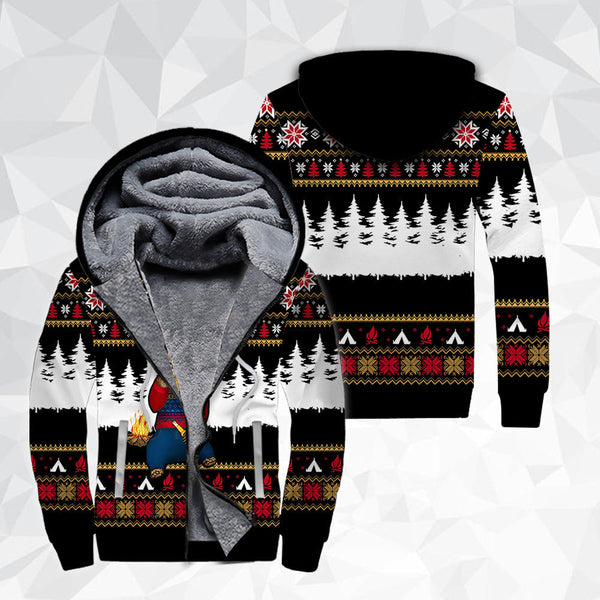 Bear Campfire Merry Christmas Fleece Zip Hoodie All Over Print | FZ245