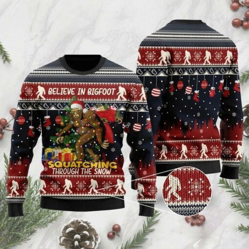 Believe In Bigfoot Squatching Through The Snow Ugly Christmas Sweater | Adult | US1702