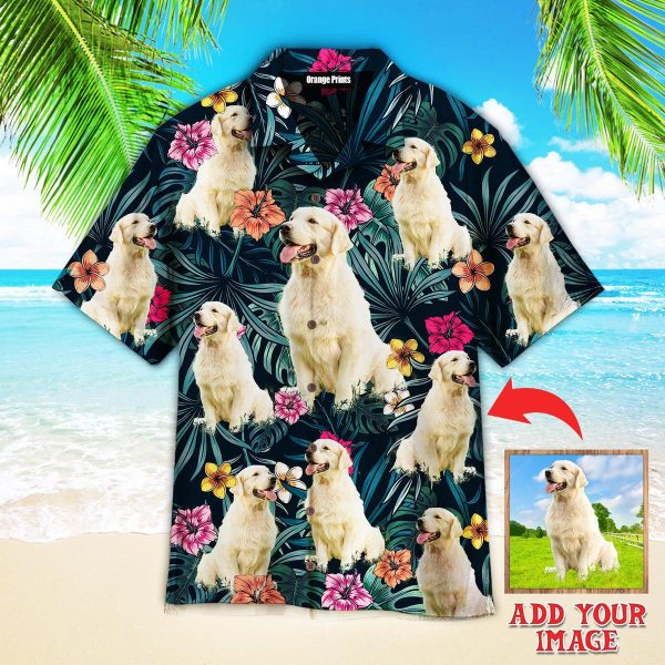 Big Golden Retriever Exotic Tropical Floral Custom Photo Hawaiian Shirt | P279