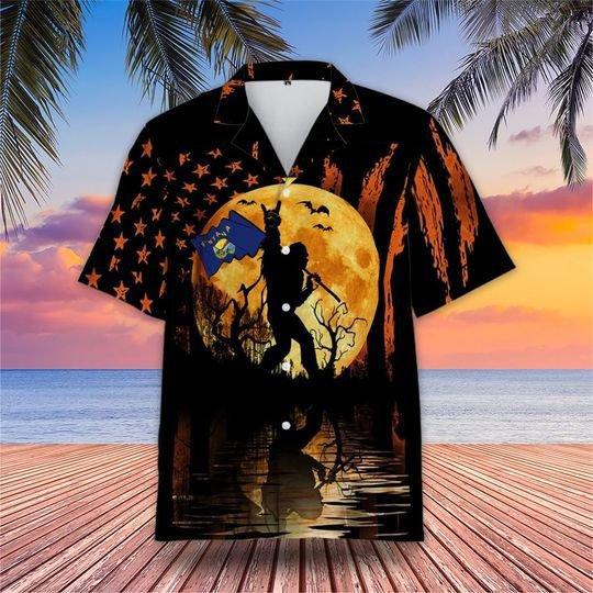 Bigfoot With Montana Flag Halloween Hawaiian Shirt | HW2875