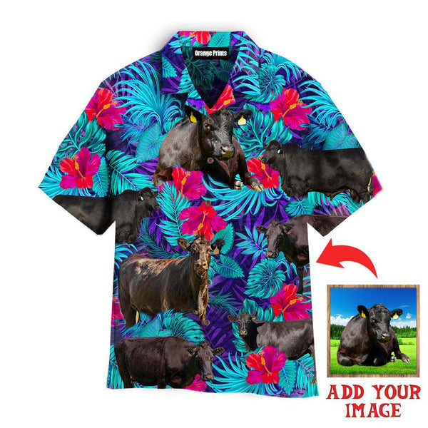 Black Angus Blue Neon Tropical Cattle Lovers Custom Photo Hawaiian Shirt | P269