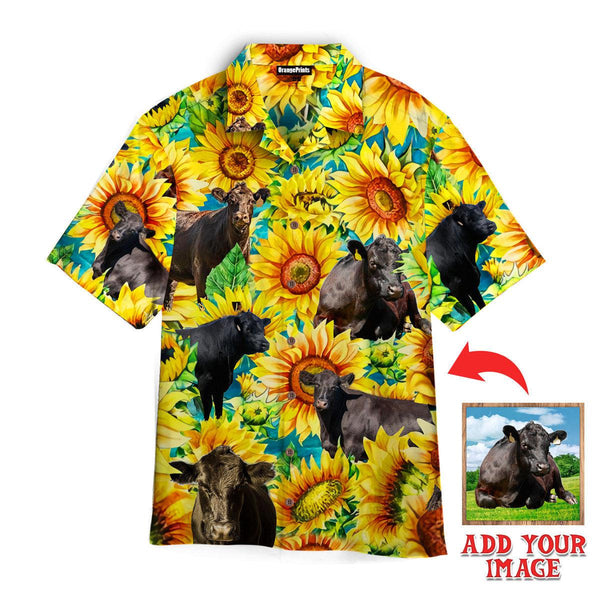 Black Angus Cattle Lovers Sunflower Watercolor Custom Photo Hawaiian Shirt | P264