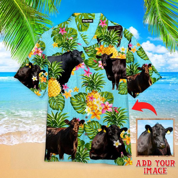 Black Angus Cattle Lovers Tropical Pineapple Custom Photo Hawaiian Shirt | P268