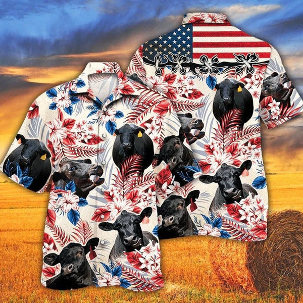 Black Angus Cow American Flag Hawaiian Shirt | For Men & Women | HW1712-BehighStyle