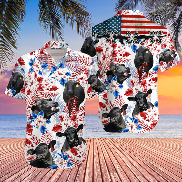 Black Angus Cow American Flag Hawaiian Shirt With Pocket| SP1024