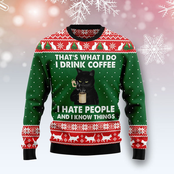 Black Cat Drink Coffee Ugly Christmas Sweater | Adult | US2016