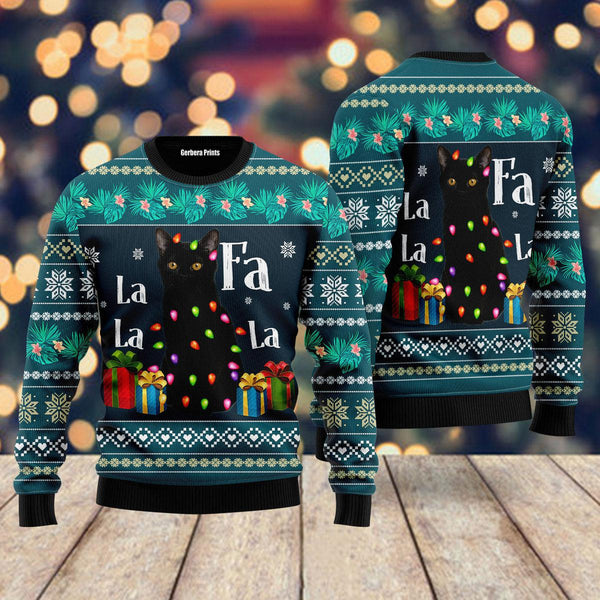 Black Cat Falalala Ugly Christmas Sweater | Adult | US1911