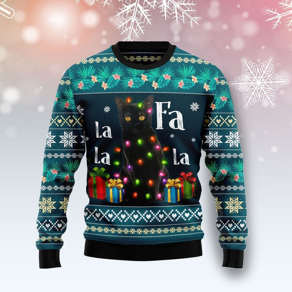 Black Cat Falalala Ugly Christmas Sweater | Adult | US2035