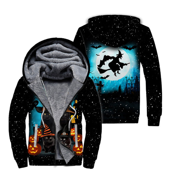 Black Cat Family Halloween Fleece Zip Hoodie All Over Print | FZ495