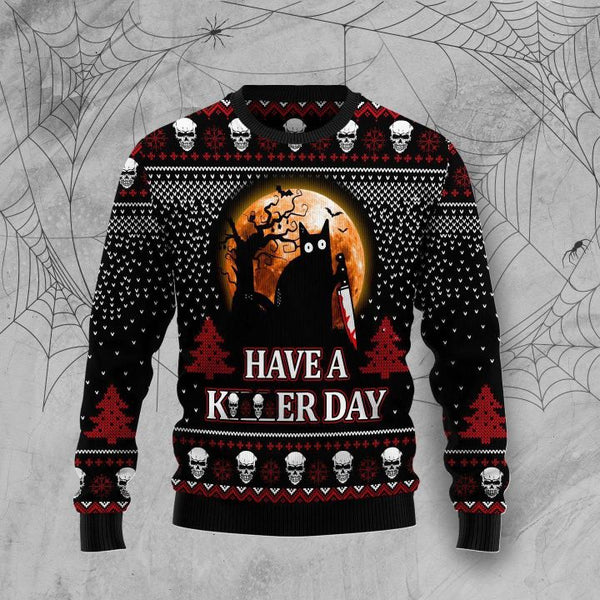 Black Cat Funny Have Day Halloween Ugly Christmas Sweater | Adult | US2099