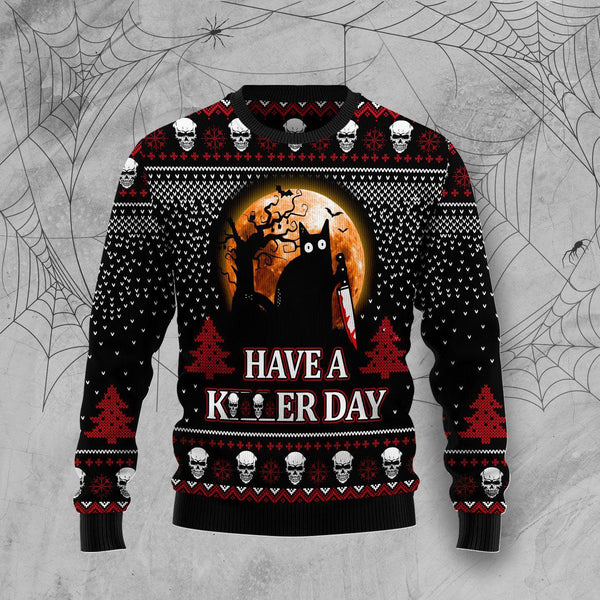 Black Cat Funny Have Day Halloween Ugly Christmas Sweater | Adult | US2234