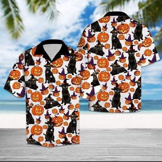 Black Cat Halloween Pattern Hawaiian Shirt | HW2957