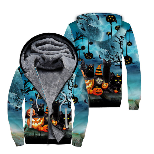 Black Cat Halloween Pumpkin Fleece Zip Hoodie All Over Print | FZ507