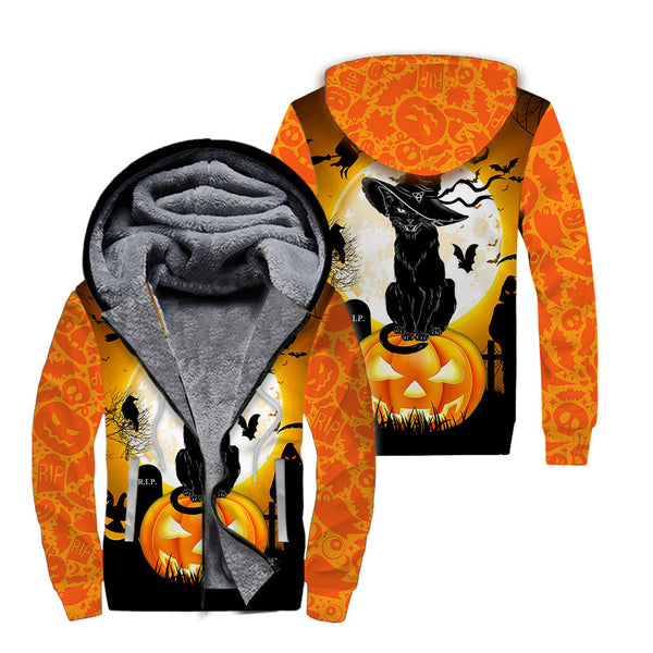 Black Cat Happy Halloween Fleece Zip Hoodie All Over Print | FZ494