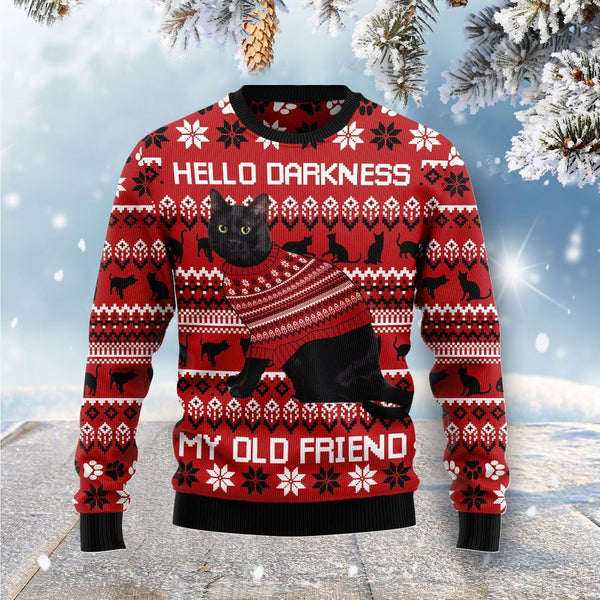 Black Cat Hello Darkness My Old Friend Ugly Christmas Sweater | Adult | US2147