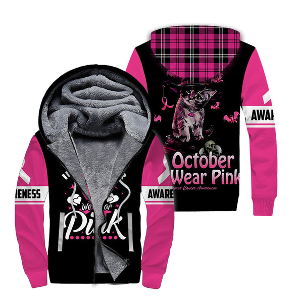 Black Cat In October We Wear Pink Funny Halloween Fleece Zip Hoodie All Over Print | FZ501