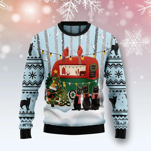 Black Cat Love Camping Ugly Christmas Sweater | Adult | US2040