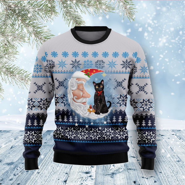 Black Cat Love Santa Moon Ugly Christmas Sweater | Adult | US1817