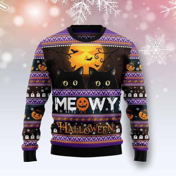 Black Cat Meowy Halloween Ugly Christmas Sweater | Adult | US1658