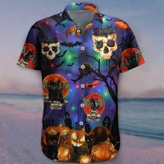 Black Cat Skull Halloween Hawaiian Shirt | HW2866